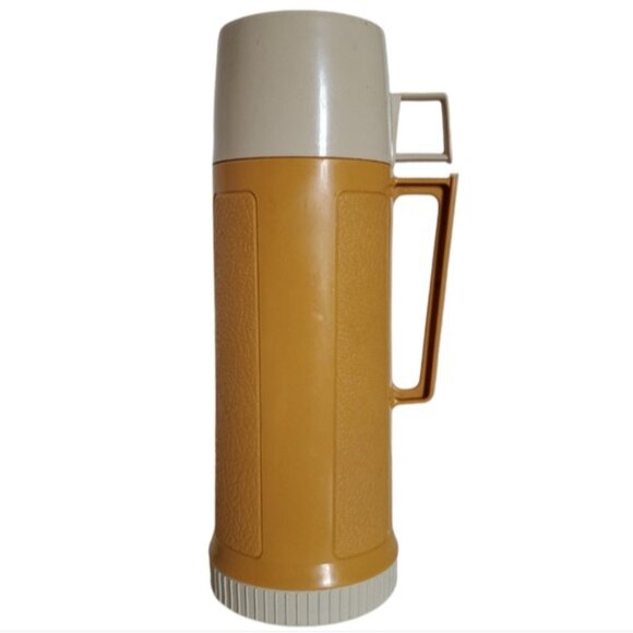 Vintage Thermos Brand Glass INSIDE Travel Coffee Container Harvest Gold Cup Lid - Picture 15 of 16